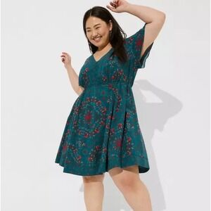 Torrid Plus 3X‎ Floral Print Teal Green V Neck Button Front Knee Length Dress